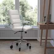 Camilia Mid-Back White LeatherSoft Executive Swivel Office Chair with Chrome Frame, Arms, and Transparent Roller Wheels, GO-2286M-WH-RLB-GG