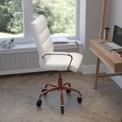 Camilia Mid-Back White LeatherSoft Executive Swivel Office Chair with Rose Gold Frame, Arms, and Transparent Roller Wheels, GO-2286M-WH-RSGLD-RLB-GG