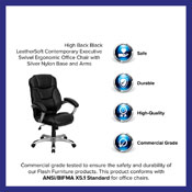 High Back Black LeatherSoft Contemporary Executive Swivel Ergonomic Office Chair with Silver Nylon Base and Arms, GO-725-BK-LEA-GG