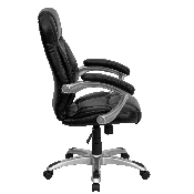 High Back Black LeatherSoft Contemporary Executive Swivel Ergonomic Office Chair with Silver Nylon Base and Arms, GO-725-BK-LEA-GG