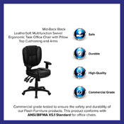 Mid-Back Black LeatherSoft Multifunction Swivel Ergonomic Task Office Chair with Pillow Top Cushioning and Arms, GO-930F-BK-LEA-ARMS-GG