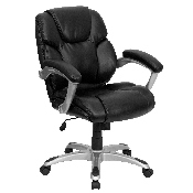 Mid-Back Black LeatherSoft Layered Upholstered Executive Swivel Ergonomic Office Chair with Silver Nylon Base and Arms, GO-931H-MID-BK-GG