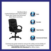 Mid-Back Black LeatherSoft Executive Swivel Office Chair with Three Line Horizontal Stitch Back and Arms, GO-977-1-BK-LEA-GG