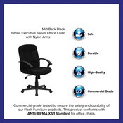 Mid-Back Black Fabric Executive Swivel Office Chair with Nylon Arms, GO-ST-6-BK-GG