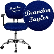 Personalized Mid-Back Blue Mesh Swivel Task Office Chair with Chrome Base and Arms, H-2376-F-BLUE-ARMS-TXTEMB-GG
