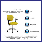 Mid-Back Yellow Mesh Padded Swivel Task Office Chair with Chrome Base and Arms, H-2376-F-YEL-ARMS-GG