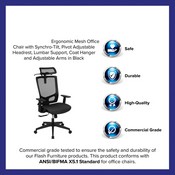 Ergonomic Mesh Office Chair with Synchro-Tilt, Pivot Adjustable Headrest, Lumbar Support, Coat Hanger and Adjustable Arms in Black, H-2809-1KY-BK-GG