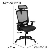 Ergonomic Mesh Office Chair with Synchro-Tilt, Pivot Adjustable Headrest, Lumbar Support, Coat Hanger and Adjustable Arms in Black, H-2809-1KY-BK-GG