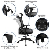 Ergonomic Mesh Office Chair with Synchro-Tilt, Pivot Adjustable Headrest, Lumbar Support, Coat Hanger and Adjustable Arms in Black, H-2809-1KY-BK-GG