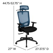 Ergonomic Mesh Office Chair with Synchro-Tilt, Pivot Adjustable Headrest, Lumbar Support, Coat Hanger & Adjustable Arms-Blue/Black, H-2809-1KY-BL-GG