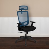 Ergonomic Mesh Office Chair with Synchro-Tilt, Pivot Adjustable Headrest, Lumbar Support, Coat Hanger & Adjustable Arms-Blue/Black, H-2809-1KY-BL-GG