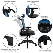 Ergonomic Mesh Office Chair with Synchro-Tilt, Pivot Adjustable Headrest, Lumbar Support, Coat Hanger & Adjustable Arms-Blue/Black, H-2809-1KY-BL-GG