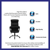 High Back Black LeatherSoft Executive Swivel Office Chair with Curved Headrest and White Line Stitching, H-9637L-1C-HIGH-GG