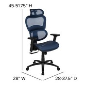 Ergonomic Mesh Office Chair with 2-to-1 Synchro-Tilt, Adjustable Headrest, Lumbar Support, and Adjustable Pivot Arms in Blue, H-LC-1388F-1K-BL-GG