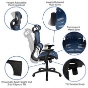 Ergonomic Mesh Office Chair with 2-to-1 Synchro-Tilt, Adjustable Headrest, Lumbar Support, and Adjustable Pivot Arms in Blue, H-LC-1388F-1K-BL-GG