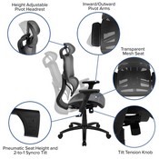 Ergonomic Mesh Office Chair with 2-to-1 Synchro-Tilt, Adjustable Headrest, Lumbar Support, and Adjustable Pivot Arms in Gray, H-LC-1388F-1K-GY-GG