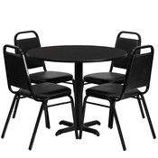 36'' Round Black Laminate Table Set with X-Base and 4 Black Trapezoidal Back Banquet Chairs, HDBF1001-GG