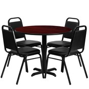 36'' Round Mahogany Laminate Table Set with X-Base and 4 Black Trapezoidal Back Banquet Chairs, HDBF1002-GG