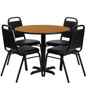 36'' Round Natural Laminate Table Set with X-Base and 4 Black Trapezoidal Back Banquet Chairs, HDBF1003-GG