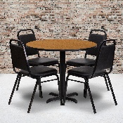 36'' Round Natural Laminate Table Set with X-Base and 4 Black Trapezoidal Back Banquet Chairs, HDBF1003-GG