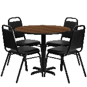 36'' Round Walnut Laminate Table Set with X-Base and 4 Black Trapezoidal Back Banquet Chairs, HDBF1004-GG