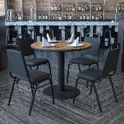 36'' Round Walnut Laminate Table Set with X-Base and 4 Black Trapezoidal Back Banquet Chairs, HDBF1004-GG