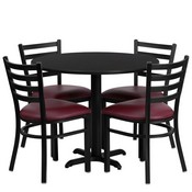 36'' Round Black Laminate Table Set with X-Base and 4 Ladder Back Metal Chairs - Burgundy Vinyl Seat, HDBF1005-GG
