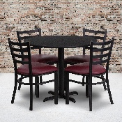 36'' Round Black Laminate Table Set with X-Base and 4 Ladder Back Metal Chairs - Burgundy Vinyl Seat, HDBF1005-GG