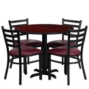 36'' Round Mahogany Laminate Table Set with X-Base and 4 Ladder Back Metal Chairs - Burgundy Vinyl Seat, HDBF1006-GG