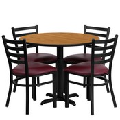 36'' Round Natural Laminate Table Set with X-Base and 4 Ladder Back Metal Chairs - Burgundy Vinyl Seat, HDBF1007-GG