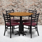 36'' Round Natural Laminate Table Set with X-Base and 4 Ladder Back Metal Chairs - Burgundy Vinyl Seat, HDBF1007-GG
