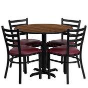 36'' Round Walnut Laminate Table Set with X-Base and 4 Ladder Back Metal Chairs - Burgundy Vinyl Seat, HDBF1008-GG