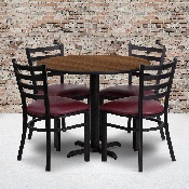 36'' Round Walnut Laminate Table Set with X-Base and 4 Ladder Back Metal Chairs - Burgundy Vinyl Seat, HDBF1008-GG