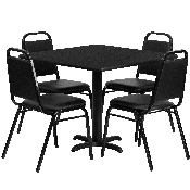 36'' Square Black Laminate Table Set with X-Base and 4 Black Trapezoidal Back Banquet Chairs, HDBF1009-GG