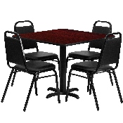 36'' Square Mahogany Laminate Table Set with X-Base and 4 Black Trapezoidal Back Banquet Chairs, HDBF1010-GG