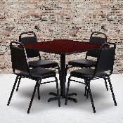 36'' Square Mahogany Laminate Table Set with X-Base and 4 Black Trapezoidal Back Banquet Chairs, HDBF1010-GG