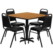 36'' Square Natural Laminate Table Set with X-Base and 4 Black Trapezoidal Back Banquet Chairs, HDBF1011-GG