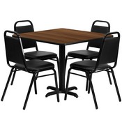 36'' Square Walnut Laminate Table Set with X-Base and 4 Black Trapezoidal Back Banquet Chairs, HDBF1012-GG