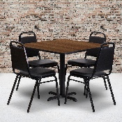 36'' Square Walnut Laminate Table Set with X-Base and 4 Black Trapezoidal Back Banquet Chairs, HDBF1012-GG