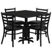 36'' Square Black Laminate Table Set with X-Base and 4 Ladder Back Metal Chairs - Black Vinyl Seat, HDBF1013-GG