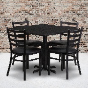 36'' Square Black Laminate Table Set with X-Base and 4 Ladder Back Metal Chairs - Black Vinyl Seat, HDBF1013-GG