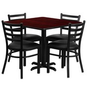 36'' Square Mahogany Laminate Table Set with X-Base and 4 Ladder Back Metal Chairs - Black Vinyl Seat, HDBF1014-GG