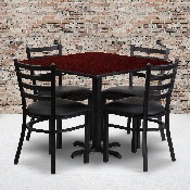 36'' Square Mahogany Laminate Table Set with X-Base and 4 Ladder Back Metal Chairs - Black Vinyl Seat, HDBF1014-GG