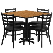 36'' Square Natural Laminate Table Set with X-Base and 4 Ladder Back Metal Chairs - Black Vinyl Seat, HDBF1015-GG
