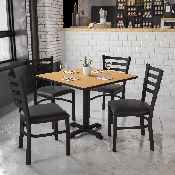 36'' Square Natural Laminate Table Set with X-Base and 4 Ladder Back Metal Chairs - Black Vinyl Seat, HDBF1015-GG