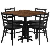 36'' Square Walnut Laminate Table Set with X-Base and 4 Ladder Back Metal Chairs - Black Vinyl Seat, HDBF1016-GG
