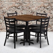 36'' Square Walnut Laminate Table Set with X-Base and 4 Ladder Back Metal Chairs - Black Vinyl Seat, HDBF1016-GG