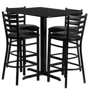 24''W x 42''L Rectangular Black Laminate Table Set with 4 Ladder Back Metal Barstools - Black Vinyl Seat, HDBF1017-GG