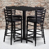 24''W x 42''L Rectangular Black Laminate Table Set with 4 Ladder Back Metal Barstools - Black Vinyl Seat, HDBF1017-GG