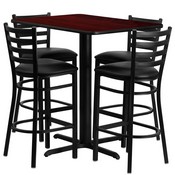 24''W x 42''L Rectangular Mahogany Laminate Table Set with 4 Ladder Back Metal Barstools - Black Vinyl Seat, HDBF1018-GG